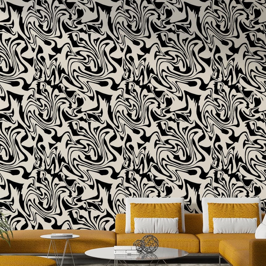 Swirling obsidian and ivory organic shape wallpaper.
