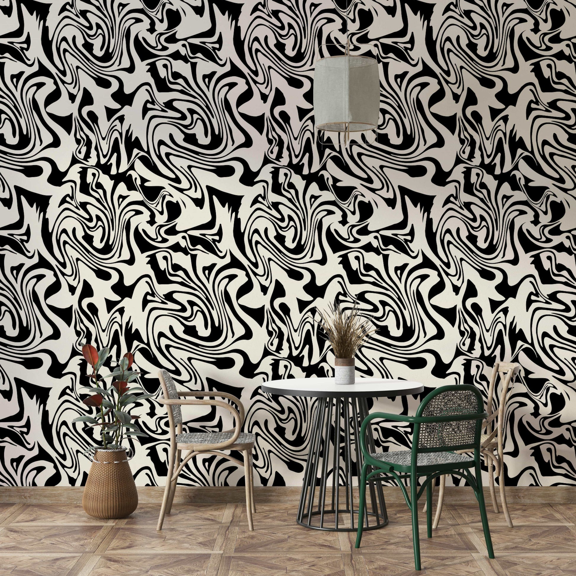 Bold black and white  swirl pattern wallpaper.
