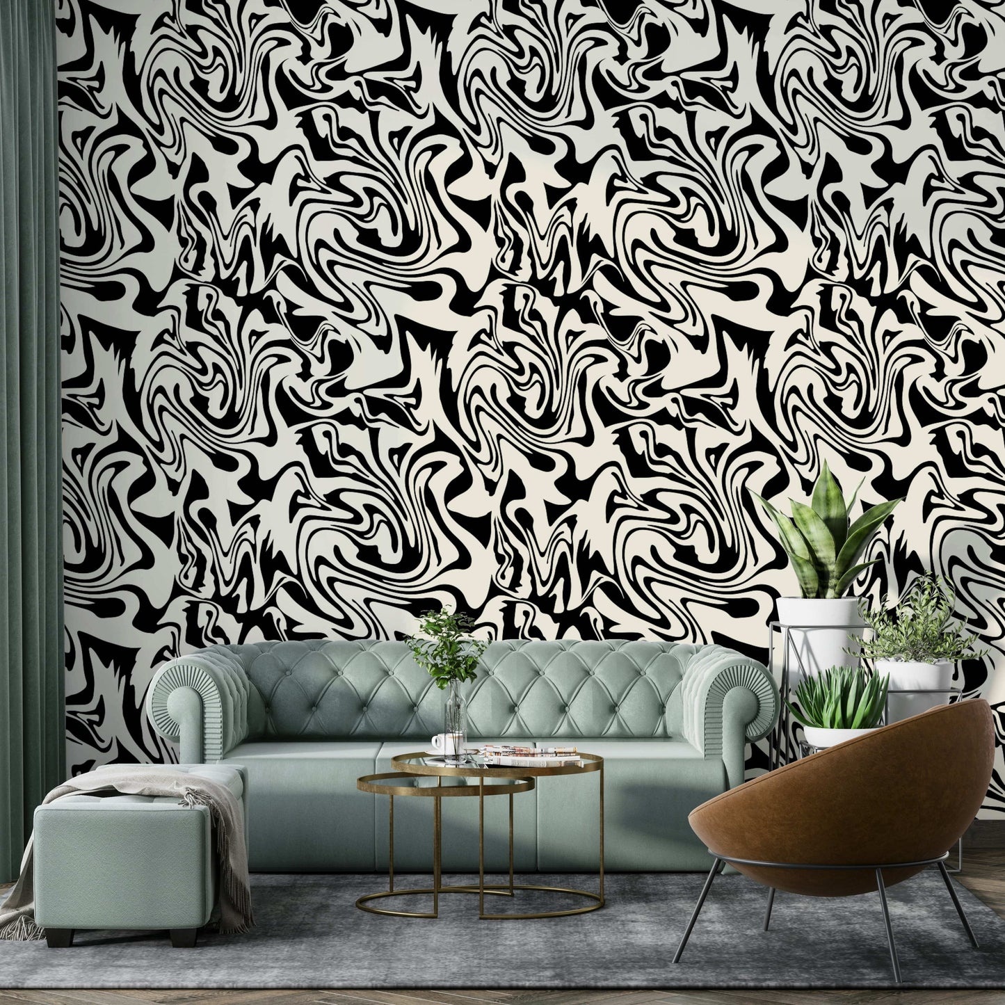 Monochromatic liquid flow design for modern wallpaper.
