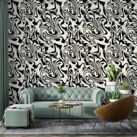 Monochromatic liquid flow design for modern wallpaper.
