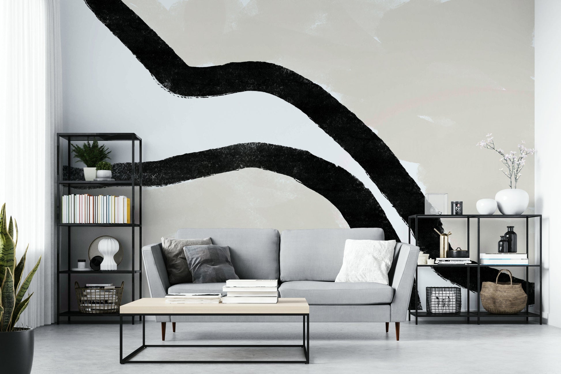 A calming abstract design wallpaper mural that defines a space.

