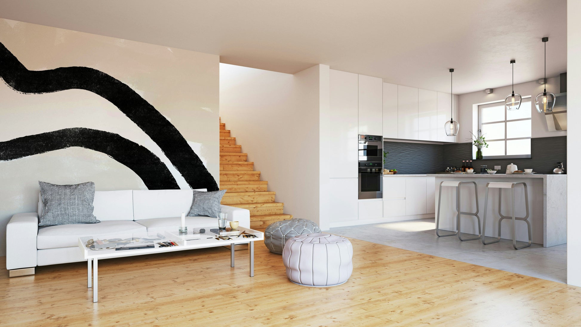 An artistic abstract shape mural on elegant wallpaper.

