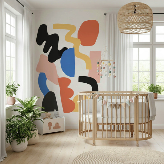 Modern abstract art with colorful rectangular shapes, Block Party mural