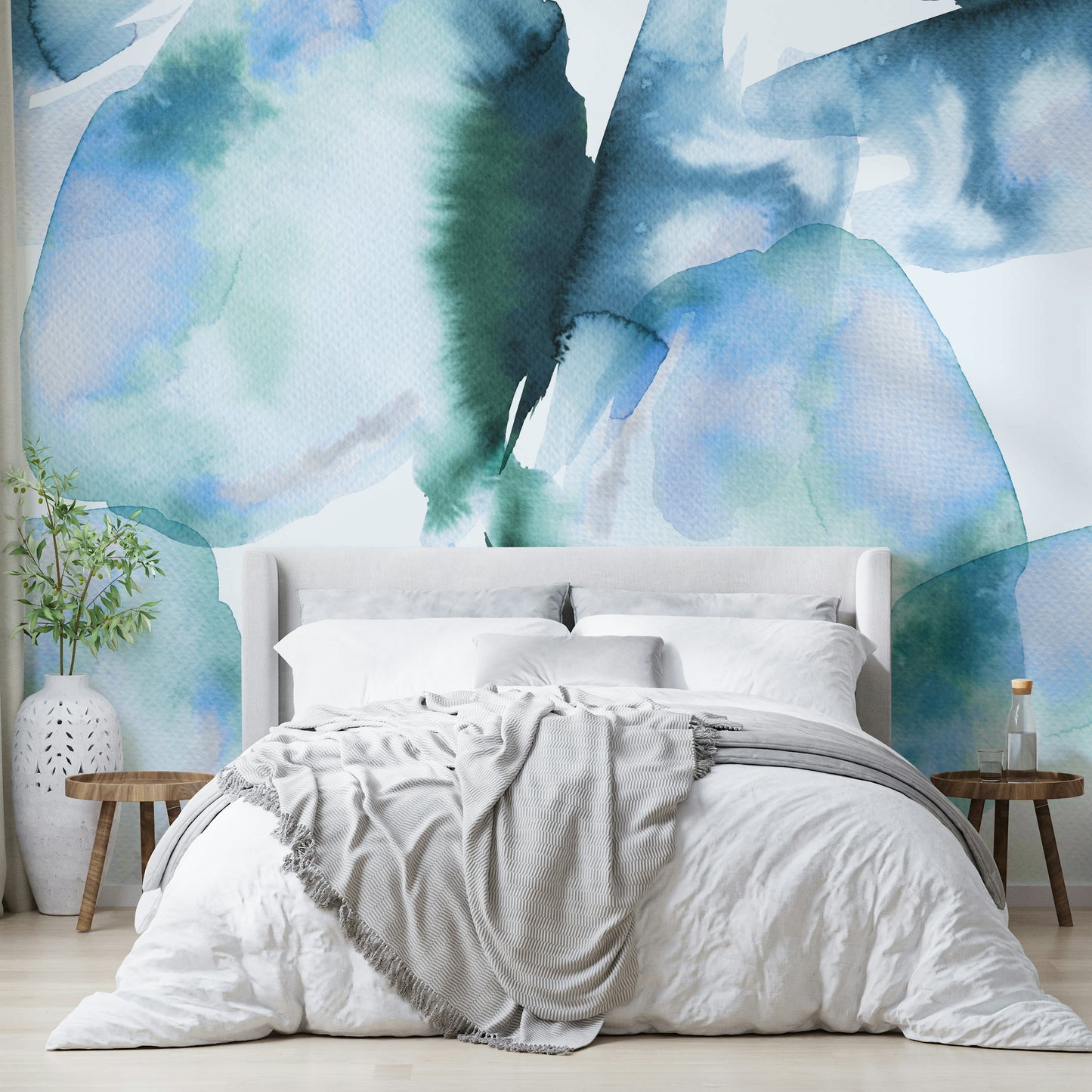 Peaceful wall mural with blue abstract hills and sky

