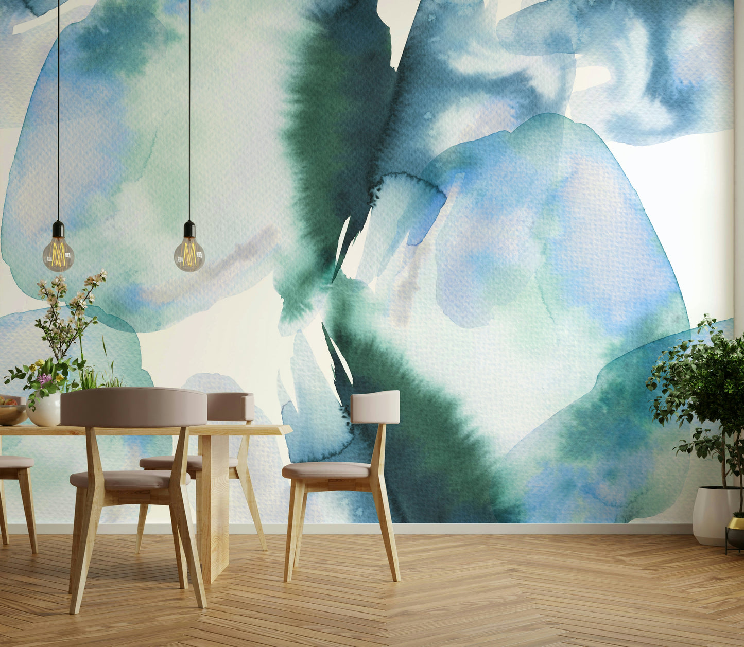 Tranquil abstract art wall mural in oceanic blues

