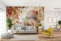Artistic botanical mural with modern abstract shapes and colors.

