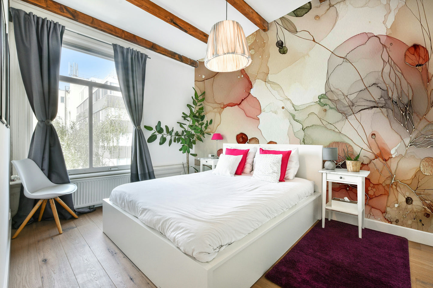 Artistic botanical mural with soft greens, yellows, and pinks.

