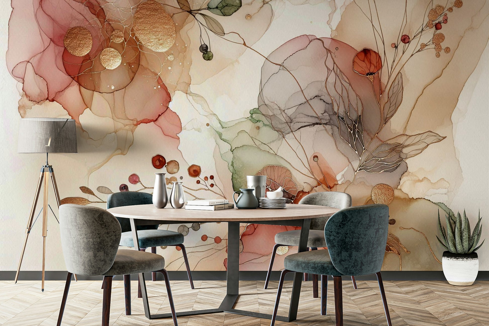 Bold abstract mural with botanical-inspired design and hues.

