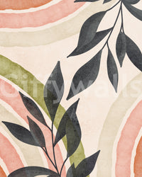 Abstract Botanical Watercolor wallpaper mural close-up showing charcoal leaves on coral and sage wavy bands