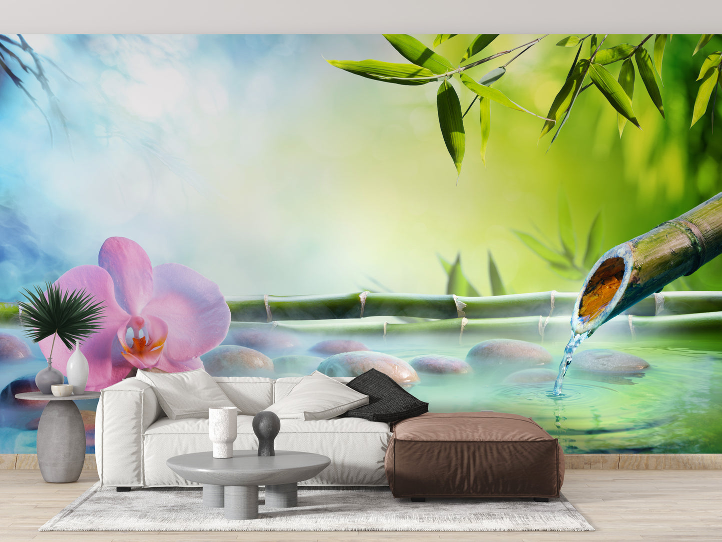 Soft green and cream wallpaper mural with neutral nature accents