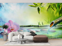 Soft green and cream wallpaper mural with neutral nature accents