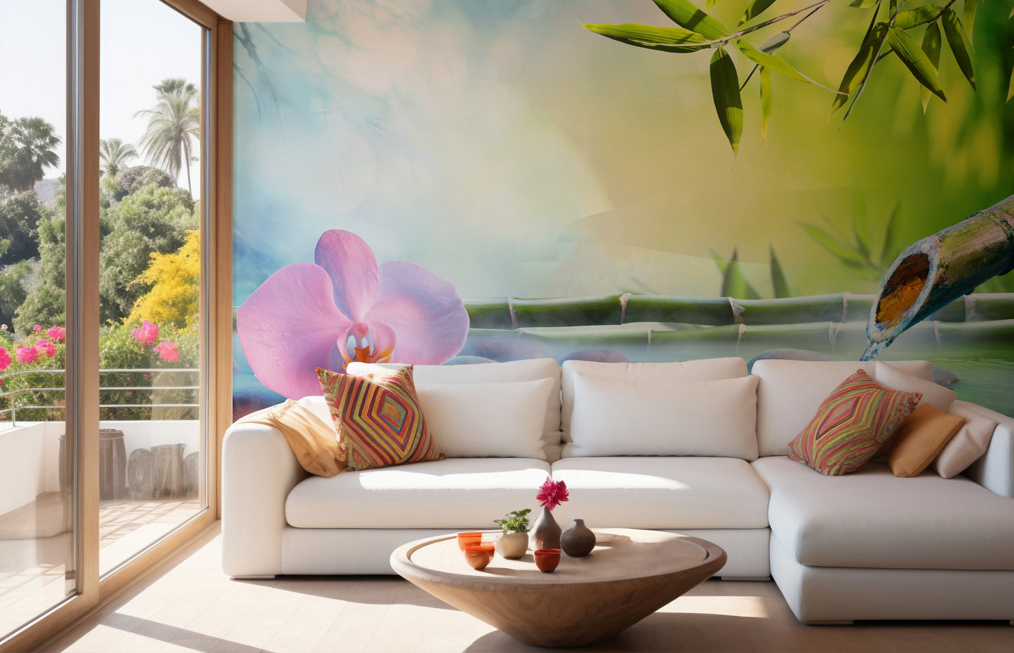 Nature inspired wall mural with organic vertical lines and forest shadows