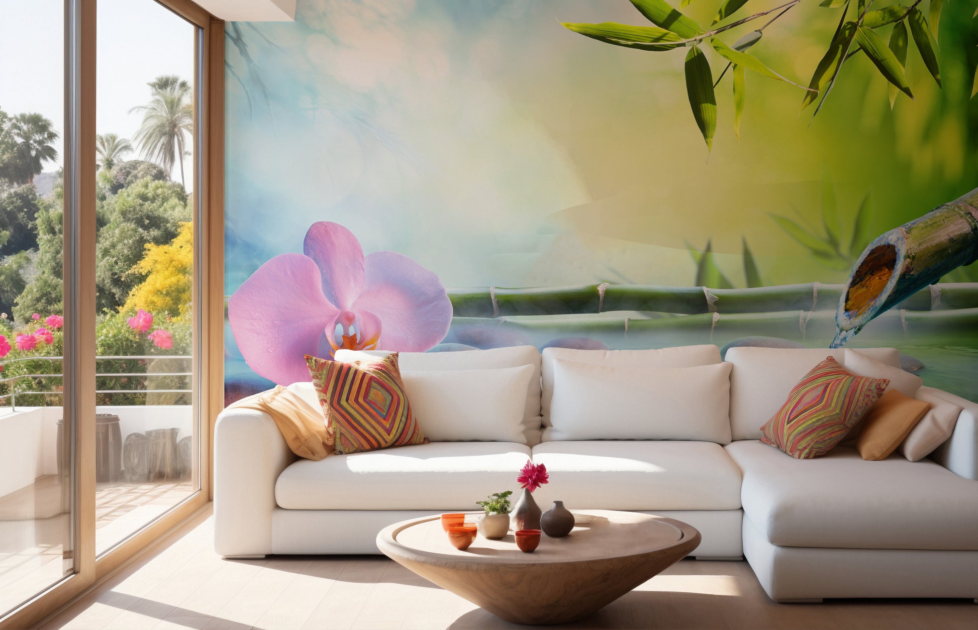 Nature inspired wall mural with organic vertical lines and forest shadows