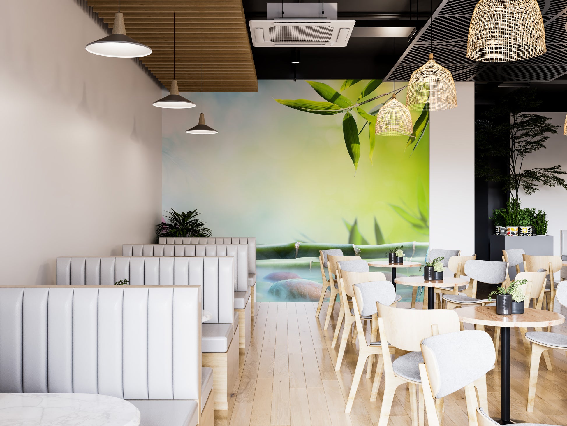 Modern nature wallpaper mural with realistic bamboo textures and leaves