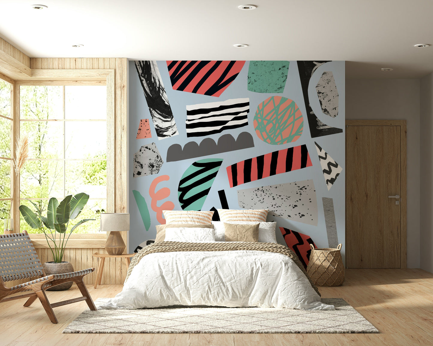 A beautiful camping trip wallpaper mural with a tent and campfire.

