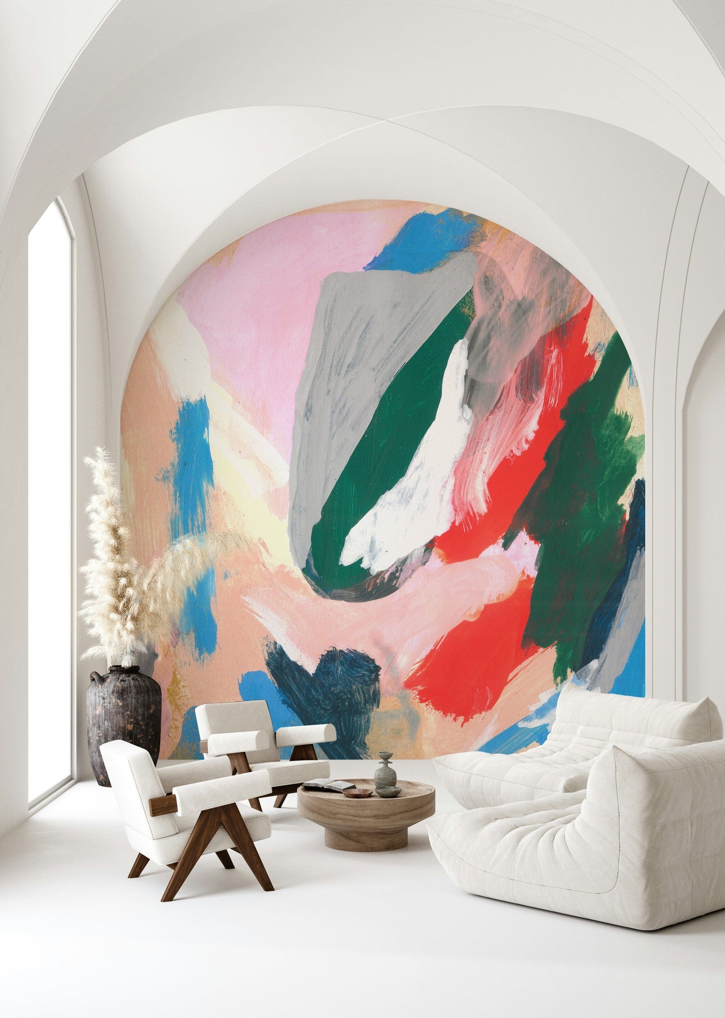 A graceful subtle curve wall mural in cool, tranquil tones.