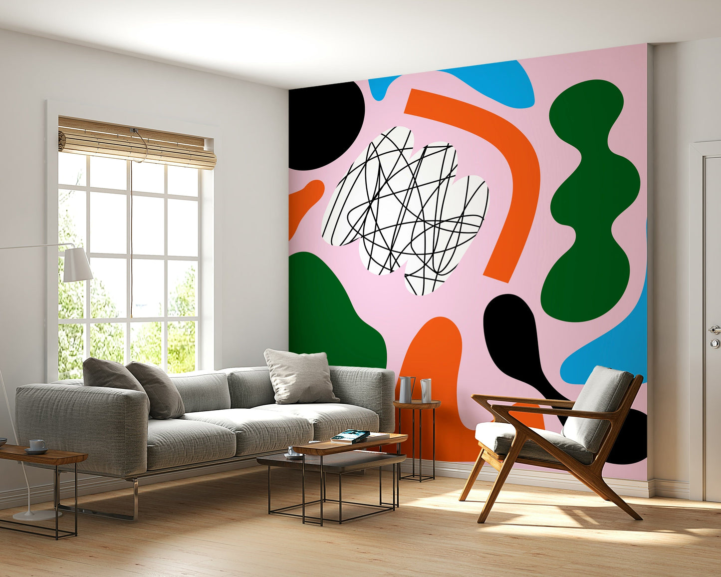A peaceful modern abstract mural on decorative wallpaper.