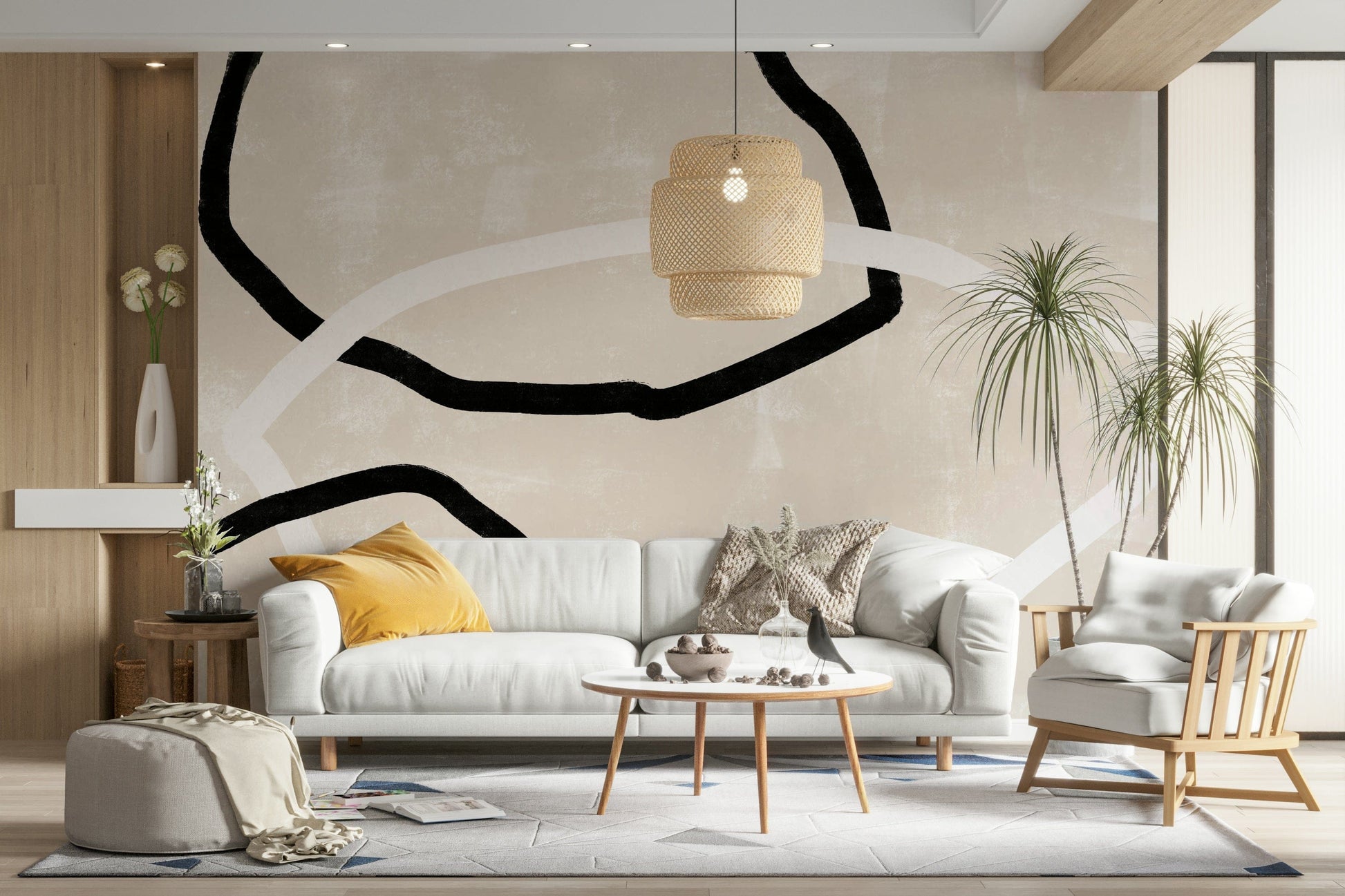 An artistic abstract line mural on minimalist wallpaper.

