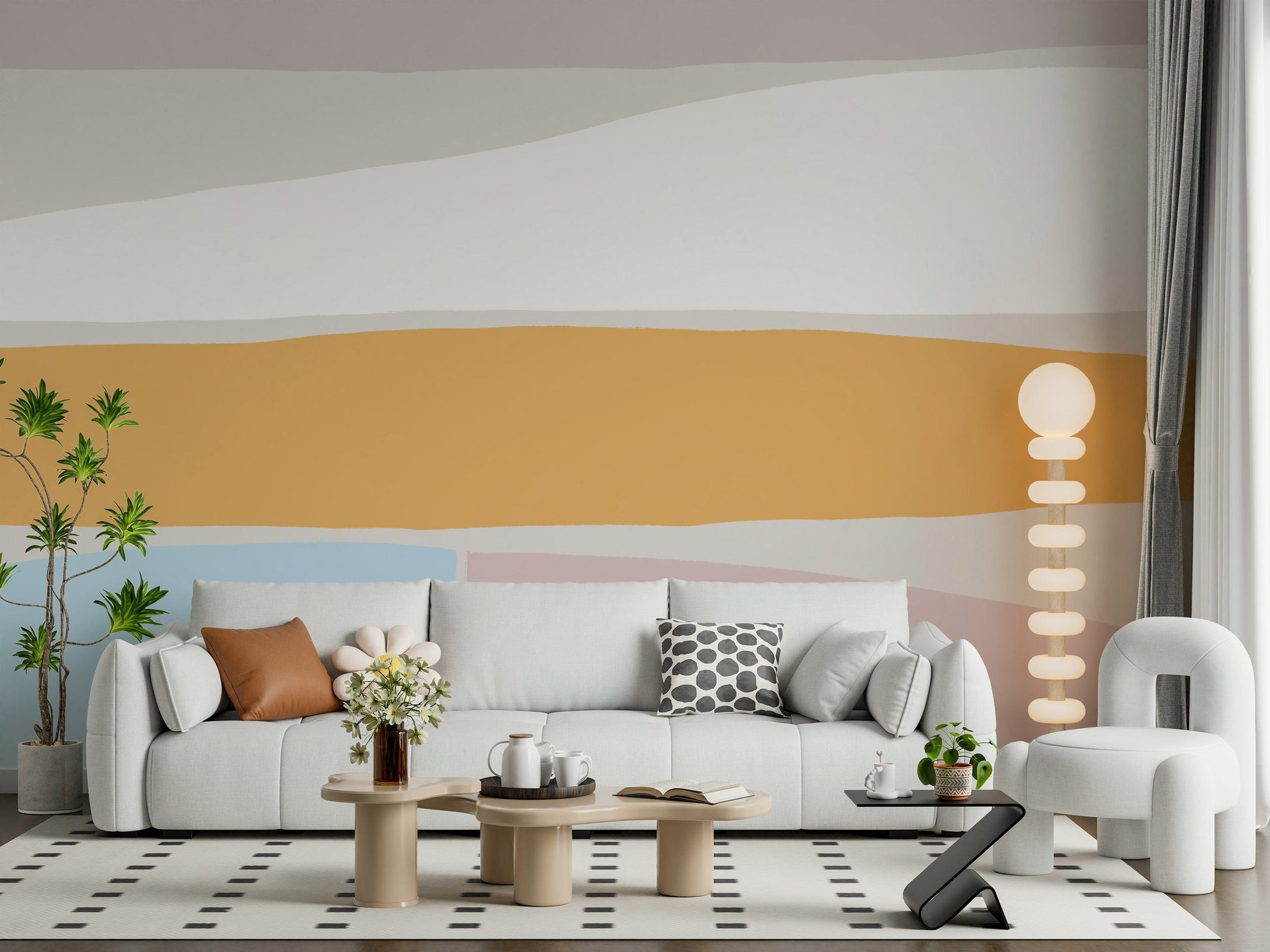 A calming modern design wallpaper mural that defines a space.