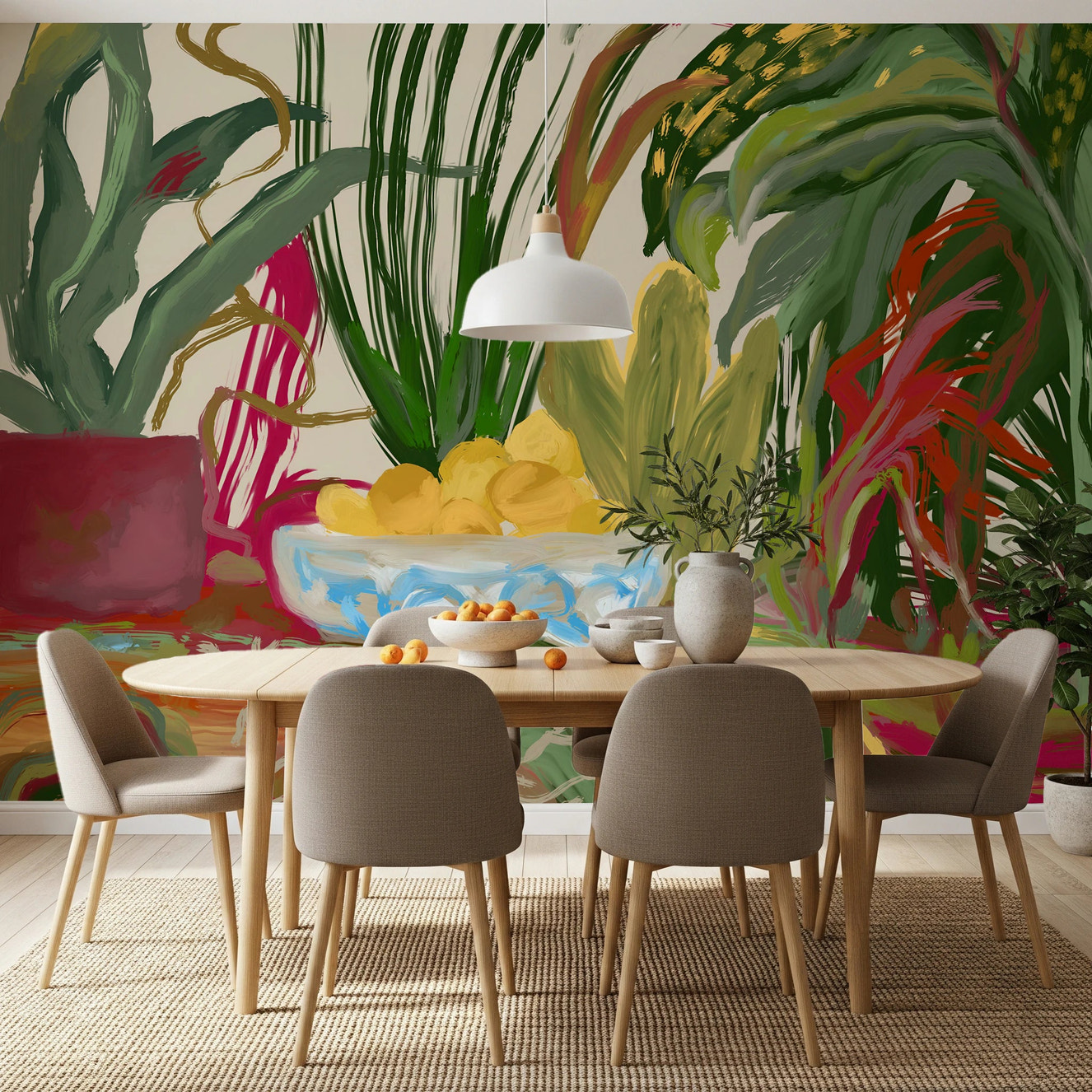Abstract Eden Botanical still life lemons dining area Wall Mural with vibrant brushstrokes.
