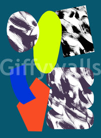 A vibrant artistic wallpaper featuring oversized painted shapes in energetic contrasting tones.