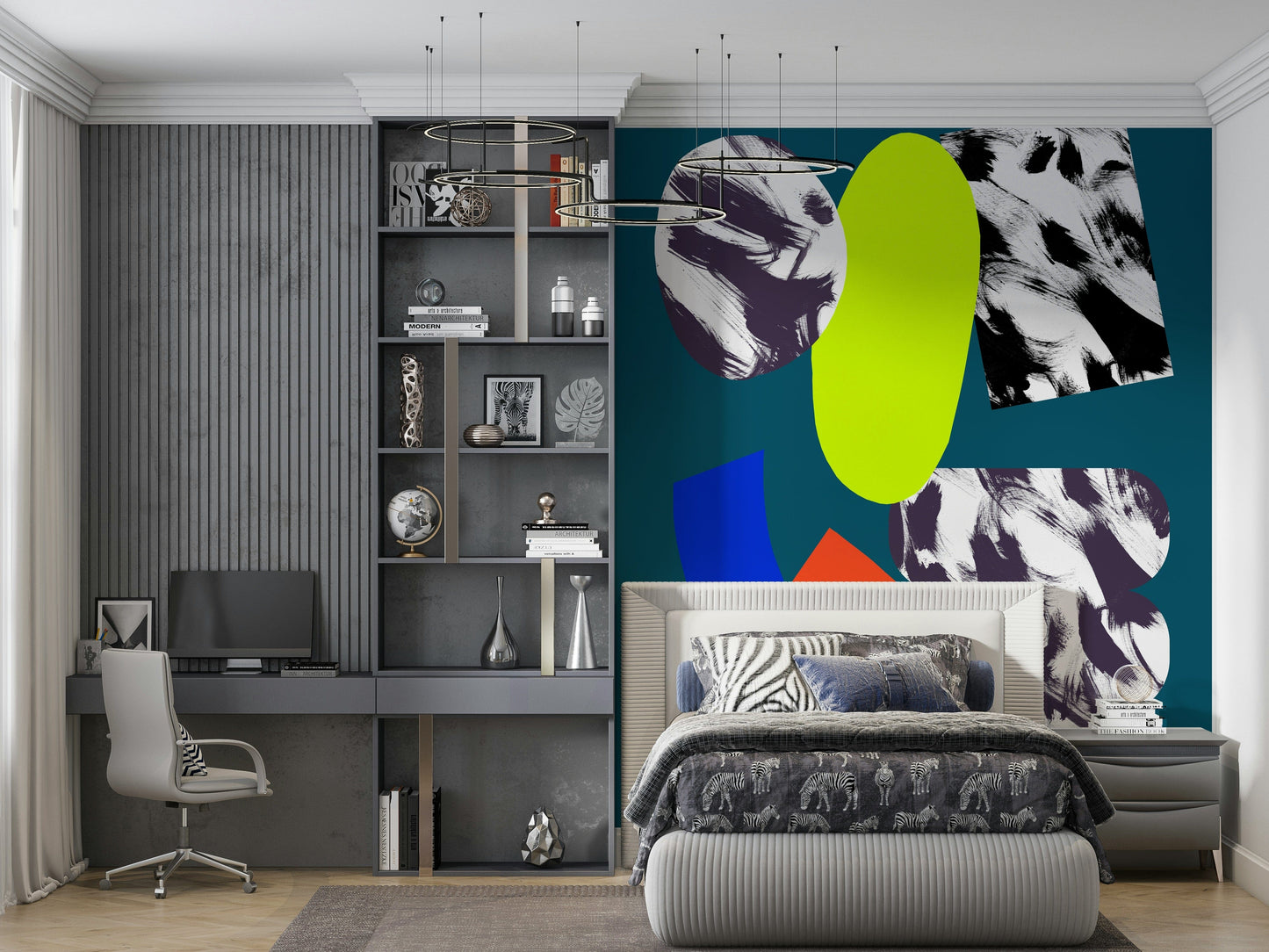 A creative abstract wallpaper combining bright geometric forms and expressive brush textures.