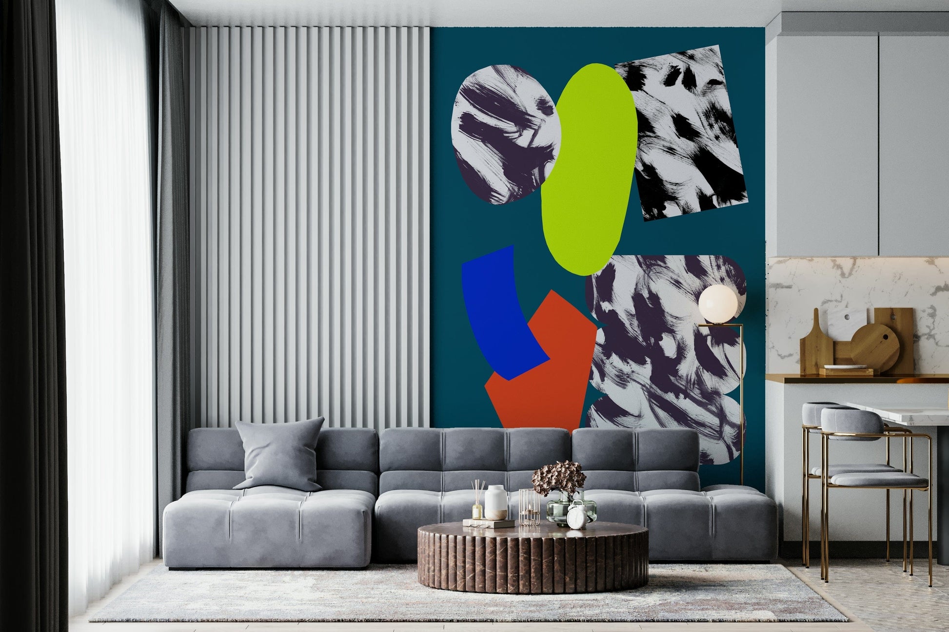 Expressive textured shapes in vibrant hues creating a dynamic contemporary art wallpaper.
