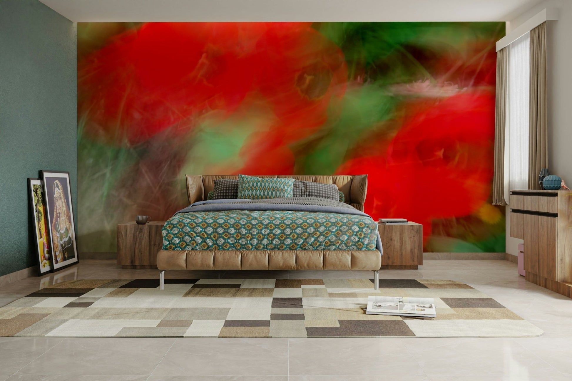 Abstract red floral mural wallpaper
