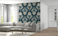 Vintage-inspired floral abstraction with cream blooms and intricate dotted detailing over teal.