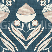 Decorative wallpaper with repeating geometric flowers, small buds, and sweeping leaf forms.