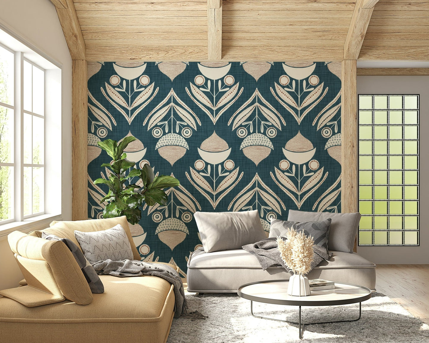 Contemporary floral bloom motif with cream petals and dot-textured elements on teal.
