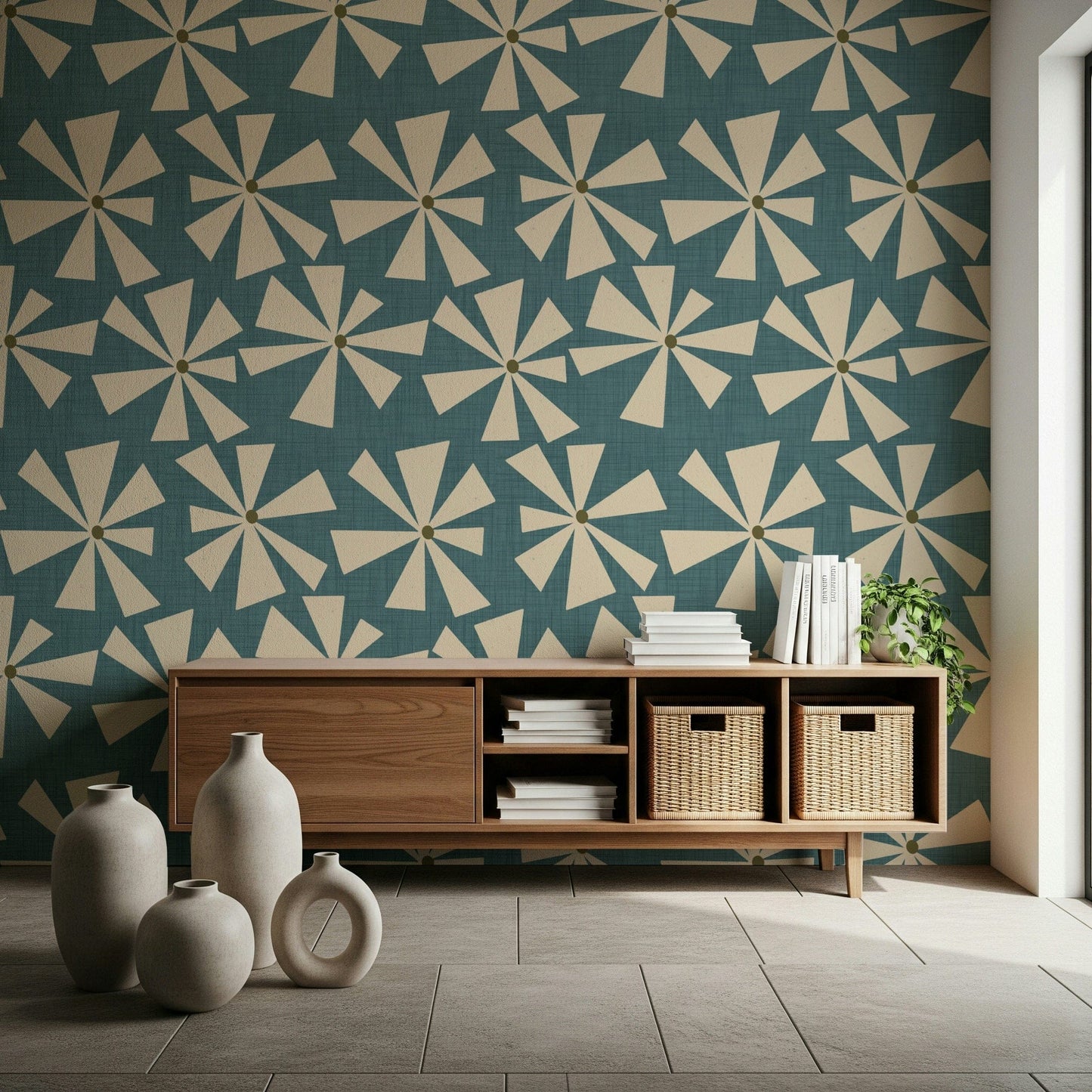 Patterned wallpaper featuring stylized starburst flowers in a playful abstract arrangement.
