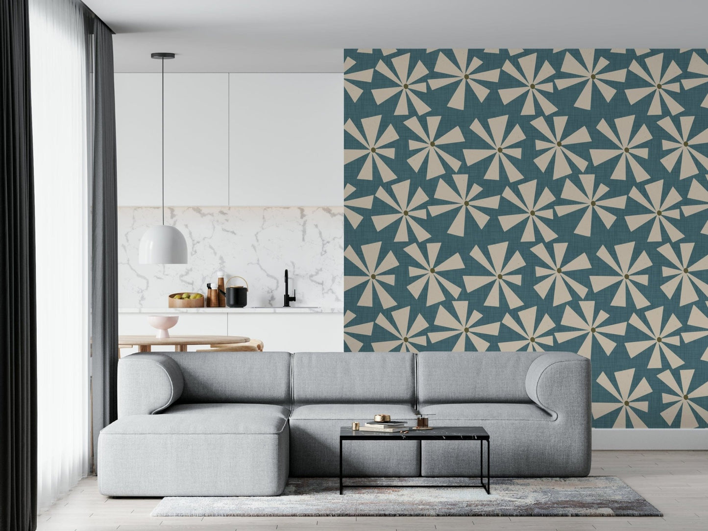 Modern retro floral wallpaper with radiating cream petals spread across a teal field.