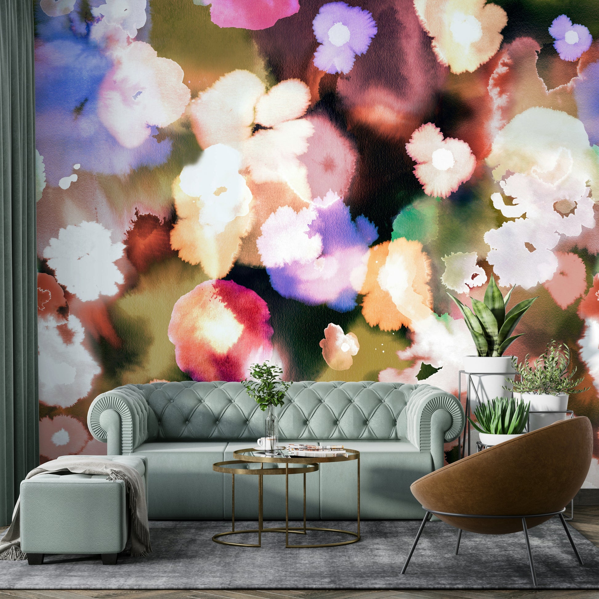 Bright abstract mural with sunset flowers design

