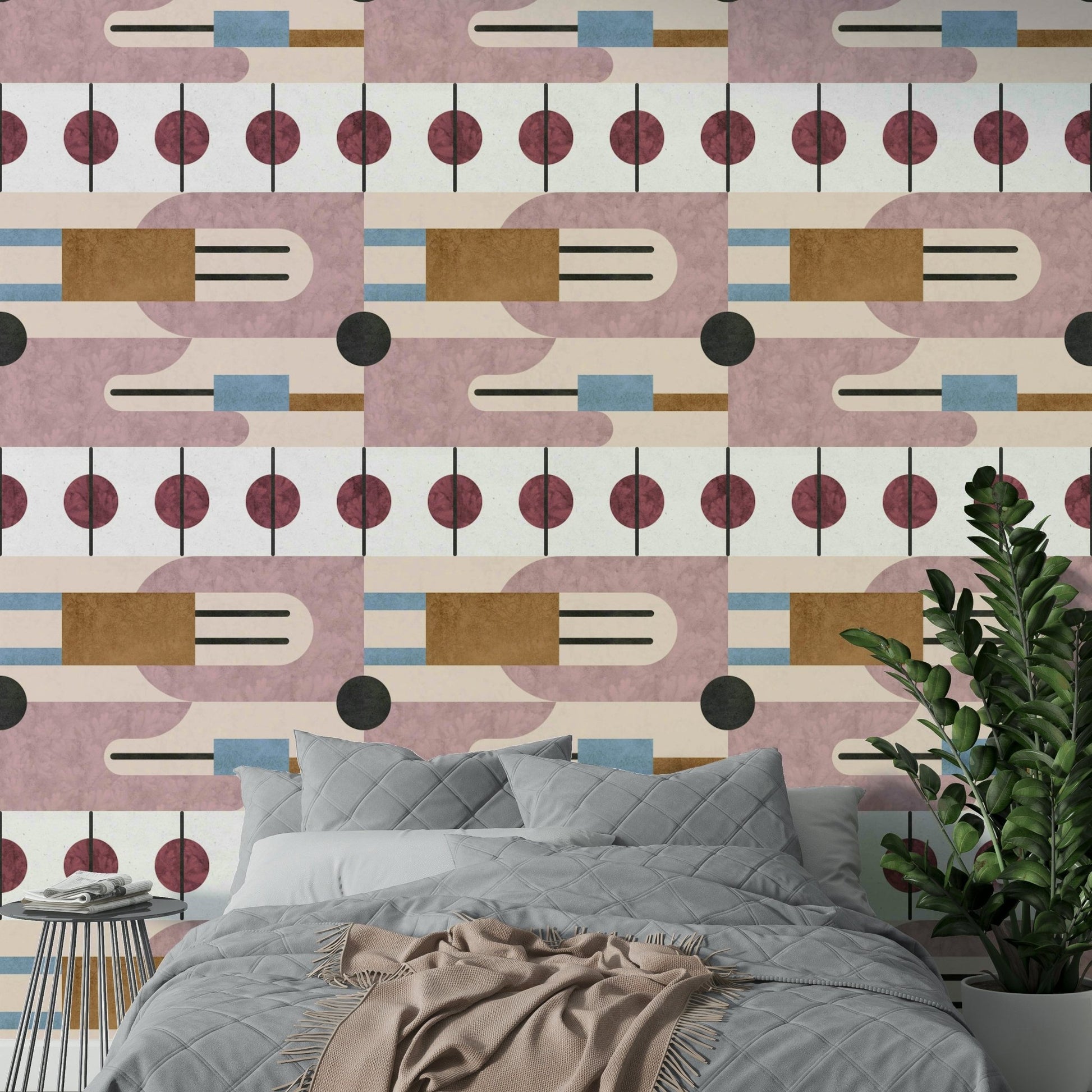 Wall mural featuring rust, clay, and stone shapes

