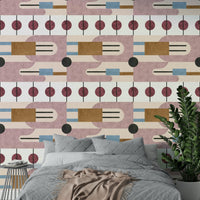 Wall mural featuring rust, clay, and stone shapes

