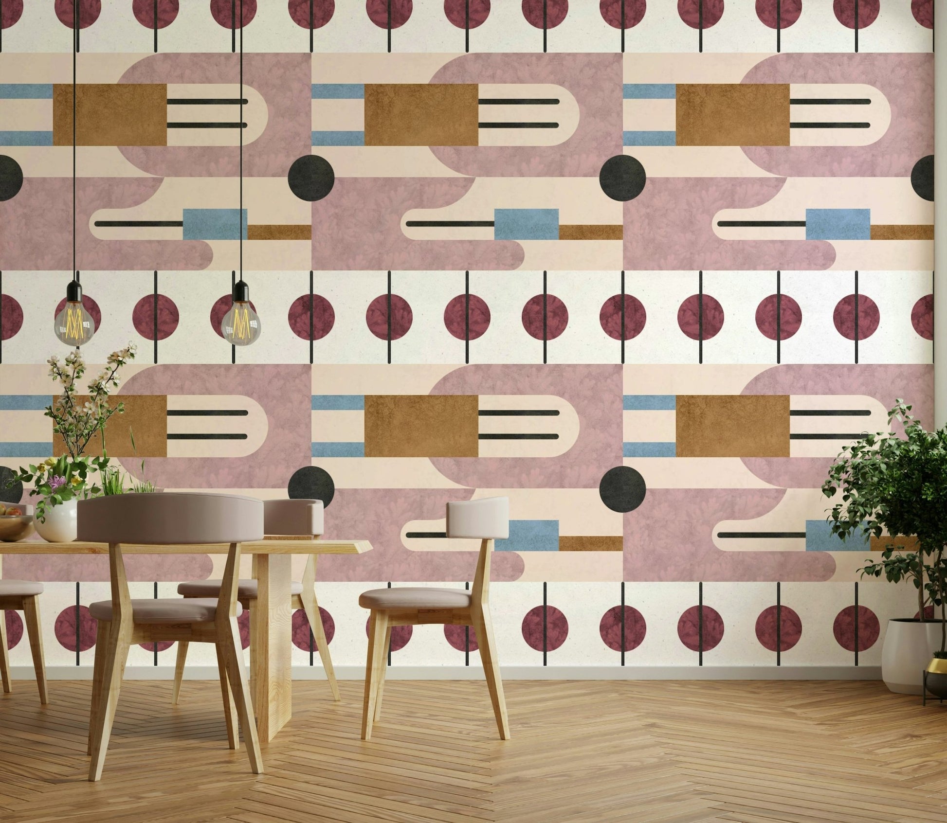 Earth-tone wall mural with intersecting forms

