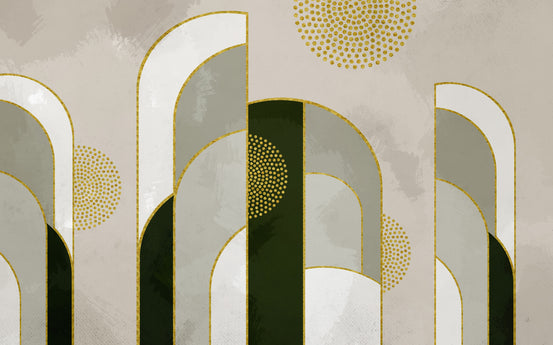 Abstract Gold & Green wall mural close-up of art deco arches in olive and cream with gold-dotted half circles