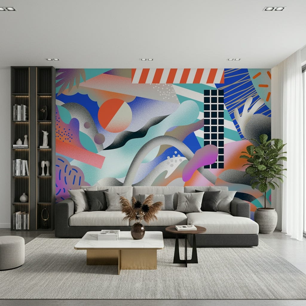 An artistic abstract pattern mural on minimalist wallpaper.

