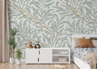 Soft olive green wall mural for a grounded and natural interior look.