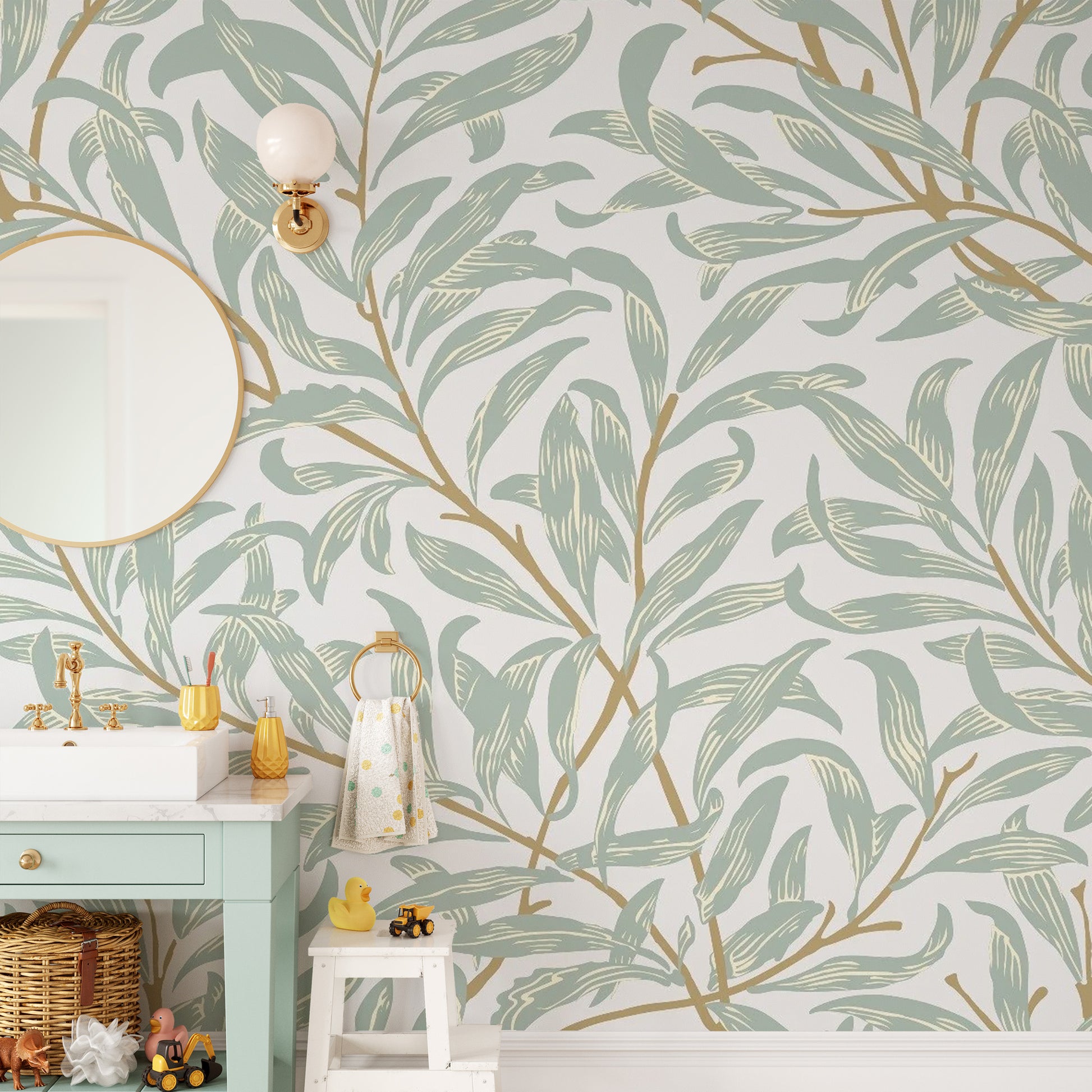 Minimalist wall mural featuring hand-drawn leaf silhouettes and linework.