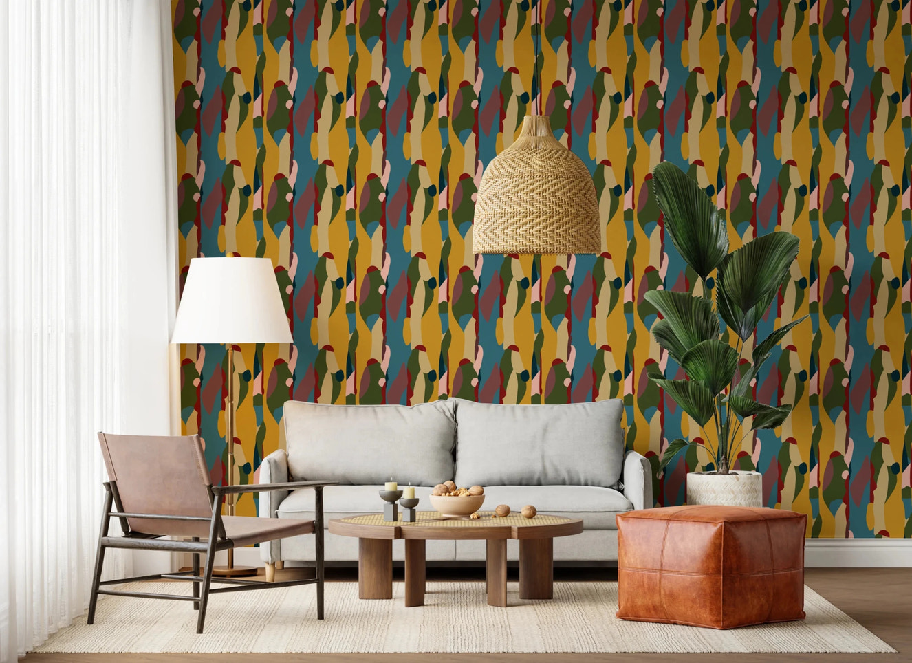 Abstract Harmony Geometry Shapes hallway Wallpaper with teal, mustard, and earthy tones
