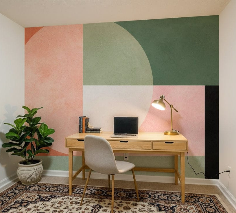 A peaceful geometric abstract mural on decorative wallpaper.


