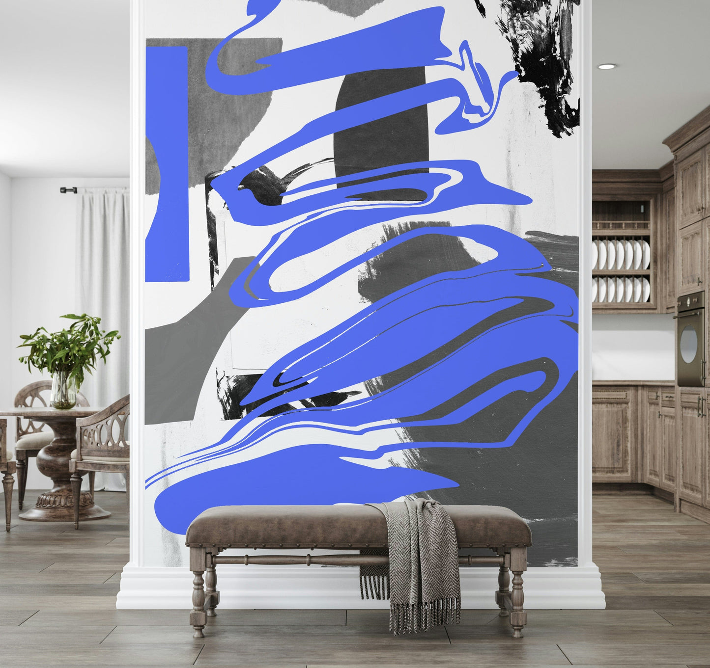 Ethereal smoky patterns in grayscale tones, Smoke and Mirrors mural for bedroom