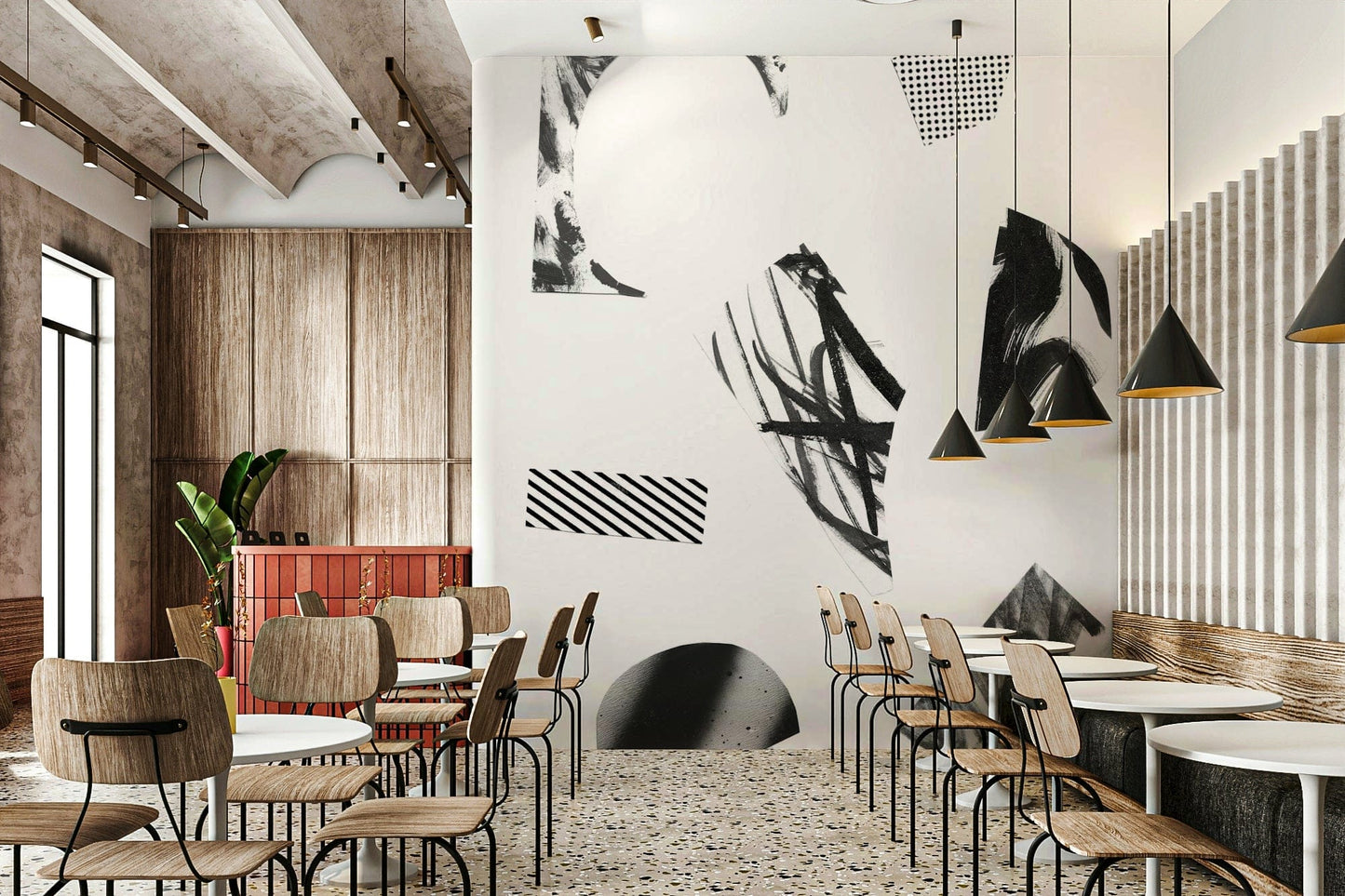 A graceful subtle shape wall mural in cool, natural tones.

