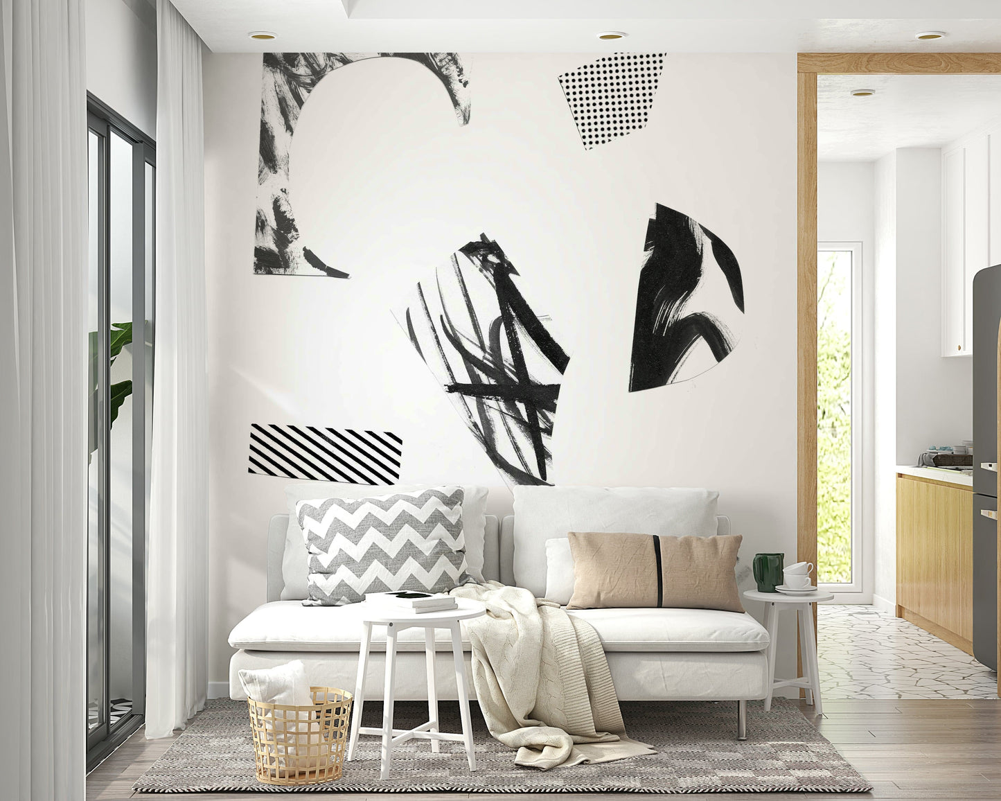 An artistic ink drawing mural on minimalist wallpaper.

