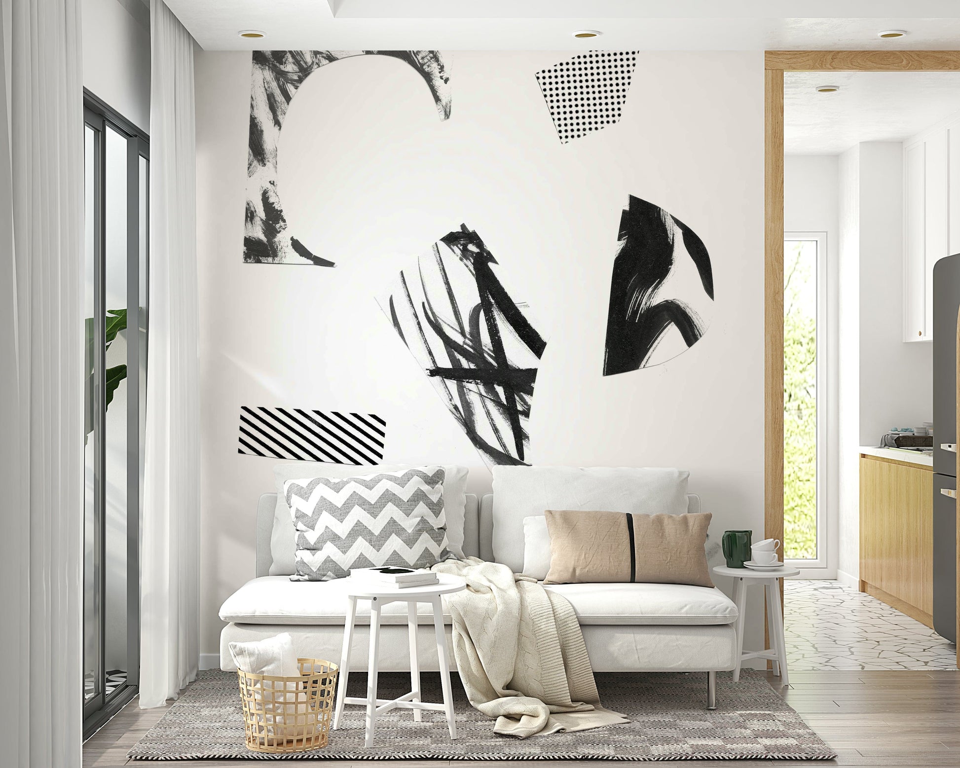 An artistic ink drawing mural on minimalist wallpaper.

