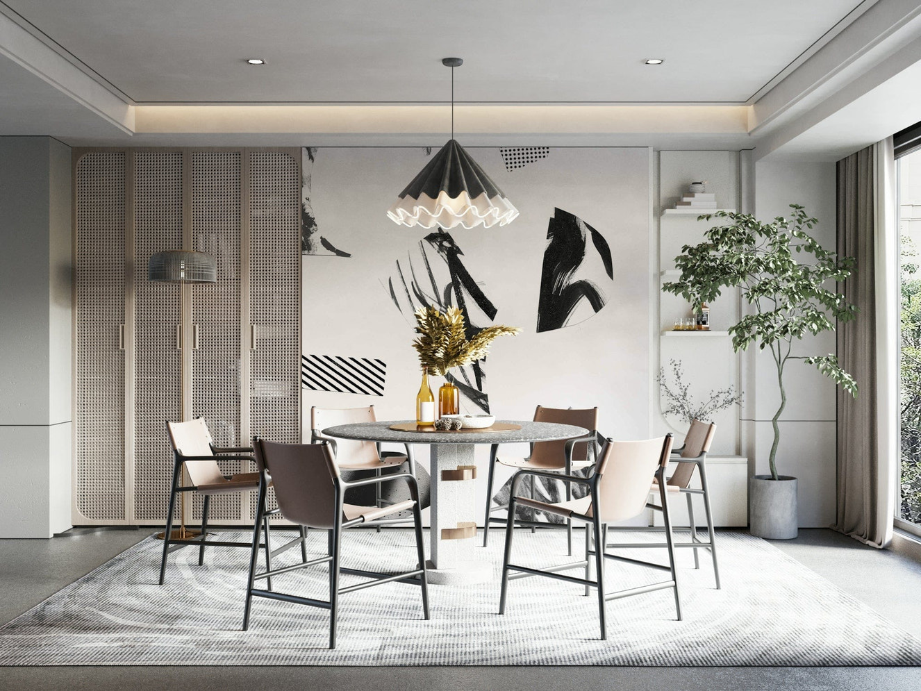 A beautiful abstract ink wallpaper mural with fluid shapes.

