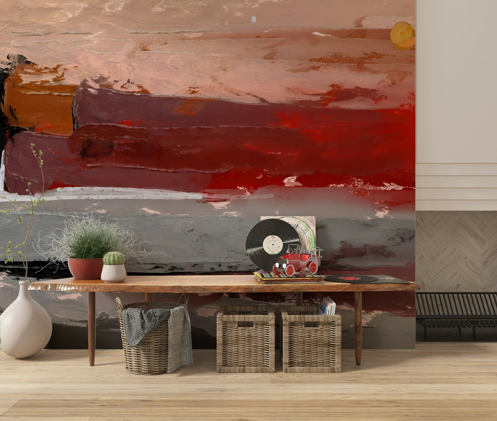 Contemporary artistic scenery wallpaper in a high-rise apartment living space.