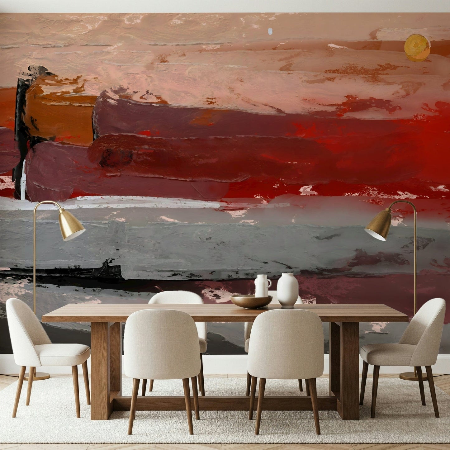 Abstract landscape wall mural with forest green and beige tones for a hallway.